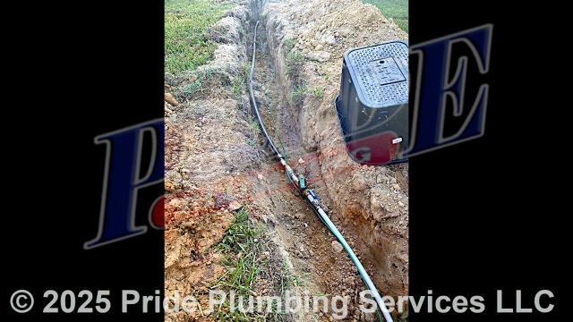 Pride Plumbing came out and: 1) trenched a ditch from an existing water meter to the house to expose and remove the outside main water supply line; 2) installed a new 1-inch black roll and PEX outside main water supply line from the water meter to the house along with installing tracer wire; 3) connected the new water line to an existing water line connection under the house and installed a ball valve main water cut off in the crawlspace; 4) installed a new pressure reducing valve (PRV), ball water shutoff valve, and check valve at the water meter in the meter box; 5) tested the new water line for leaks and working order; and 6) backfilled and tamped the ditch after the work was completed and approved by the county’s inspection department.