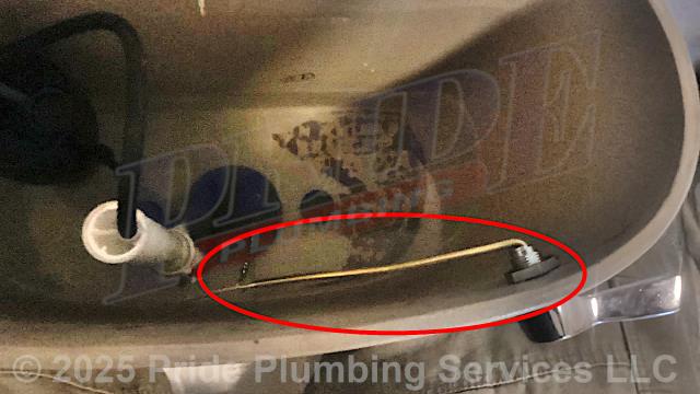 Pride Plumbing was called out for a broken plastic trip lever on a toilet in the scale house and a leaking single-handle centerset kitchen sink faucet in a breakroom. For the toilet, we replaced the plastic trip lever with a new metal one because the customer stated that the plastic ones keep breaking. For the kitchen sink faucet, we replaced it with a new customer-supplied single-handle centerset model with a sprayer. This included removing the old faucet, mounting the new faucet, connecting the sprayer, and replacing the hot and cold above-floor water supply lines underneath the sink with new braided stainless-steel ones.