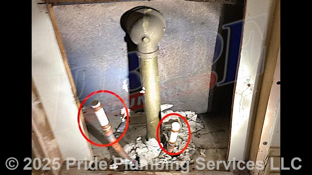 Pride Plumbing was called out for a leaking two-handle bathtub/shower faucet valve. Our inspection found that the valve's cartridges were faulty. We attempted to remove the valve handles, but they wouldn't come off. So, the customer decided to have us cap off the valve's hot and cold water supply lines since the shower head had its own separate water supply line and could be used independently. After using PEX piping and fittings to cap the water supply lines, we tested for leaks with no further issues. We also provided a cost estimate to replace the two-handle bathtub/shower faucet valve. This would require us to cut an access in the shower wall, replace the shower valve (along with short sections of its hot- and cold-water supply lines with new PEX piping and fittings), shower head, and downspout diverter, and add new handles along with stems, washers, seats, and escutcheons.