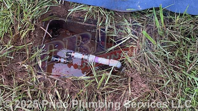 Pride Plumbing was called out for a water leak in the yard at a water meter. We found the leak on a section of the PVC outside main water supply line. We dug down and cut out the leaking section of pipe and repaired it with new PEX piping and fittings. We also provided cost estimates to 1) repipe and replace the water supply and drain lines in the crawlspace, going to all the fixtures in the home (the kitchen, one bathroom (toilet, sink, and bathtub/shower), a washing machine, and a water heater), with new PEX and PVC piping respectively; installing new fittings and supports under the house for each fixture; 2) trench a ditch from the town sewer tap to the home to expose and replace the main outside sewer septic drain line with new PVC piping and fittings along with installing proper cleanouts and fittings per code; and 3) rebuild or replace a shower valve.