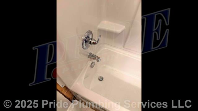 Pride Plumbing came out removed an existing bathtub/shower and replaced it with a new 4-piece Kohler Sterling bathtub/shower combo unit along with installing a new Delta R10000PX-BP rough-in shower faucet valve with Delta Basic 13 series chrome trim, showerhead, downspout diverter, overflow cover, Watco waste and overflow, PVC drain, PEX hot and cold water supply lines with shut-offs, and a plastic plumbing access panel along with connecting the new drain and water supply lines to the existing drain and water connections underneath the home.