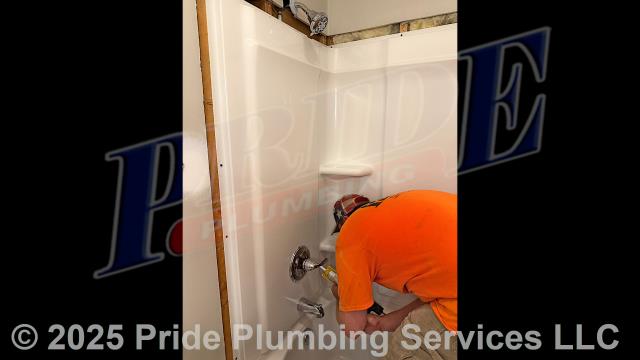 Pride Plumbing came out removed an existing bathtub/shower and replaced it with a new 4-piece Kohler Sterling bathtub/shower combo unit along with installing a new Delta R10000PX-BP rough-in shower faucet valve with Delta Basic 13 series chrome trim, showerhead, downspout diverter, overflow cover, Watco waste and overflow, PVC drain, PEX hot and cold water supply lines with shut-offs, and a plastic plumbing access panel along with connecting the new drain and water supply lines to the existing drain and water connections underneath the home.