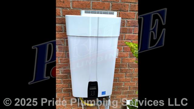 Pride Plumbing came out and replaced a Rinnai REU-2424W-US tankless water heater with a new Navien 240A2 tankless model with a NAVICIRC recirculation pump. This included: 1) removing and disposing of the old water heater along with its electrical wiring, venting, and gas and water supply lines; 2) installing the new tankless unit along with its service valves, PEX and stainless steel water lines to the unit's water connections, copper gas supply line, gas regulator, NAVICIRC recirculating kit, drip leg, gas shutoff valve, and condensation and intake lines; 3) wiring up the unit; 4) ensuring that it was properly vented; and 5) lighting and programming the unit. After testing for water and gas leaks, we converted the unit over to LP gas.