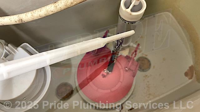 Pride Plumbing was called out for a toilet tank that would run constantly and not fill. Our inspection found that the toilet tank's flapper was deteriorated and would not seal off the tank which caused it to run constantly. We replaced the toilet tank's flapper with a new Lavelle 3060BP red universal Korky model and tested for leaks and proper operation with no issues. We also provided a cost estimate to replace the toilet with a new Gerber Viper model. This would include draining and pulling the old toilet, inspecting/cleaning/replacing the flange, replacing the toilet bowl, toilet tank, flapper, water fill valve, tank to bowl gasket and bolts, seat, wax ring gasket, toilet bowl bolts, toilet bowl bolt washers, toilet bowl bolt caps, and above-floor stainless steel braided water supply line.