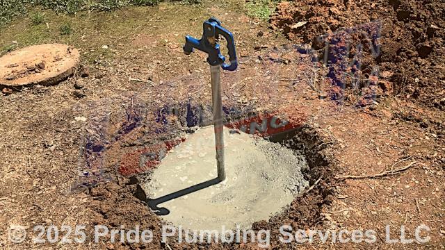 Pride Plumbing came out and replaced a yard hydrant - a tree fell on it and broke it (this required us to dig down and uncover its water supply line, bust the concrete around the yard hydrant, remove the water supply line and the yard hydrant, install the new yard hydrant and PEX water piping going to it; connect the PEX piping to the existing polybutylene outside main water supply line, pour pea gravel around the new yard hydrant, cover the pea gravel with new cement, and cover and tamp the new water line).