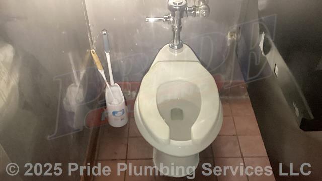 Pride Plumbing came out and replaced a broken flange on an American Standard commercial toilet. We pulled the toilet, cleaned the wax ring gasket off, cut the metal flange loose, installed a new Oatey 43539 PVC repair flange (connecting it to the main drain stack), installed a new wax ring gasket, replaced the toilet bolts and caps, reset the toilet, installed a new Sloan flush valve, tested for leaks, caulked around the base of the toilet bowl, and tested for stability, leaks and proper operation with no issues.