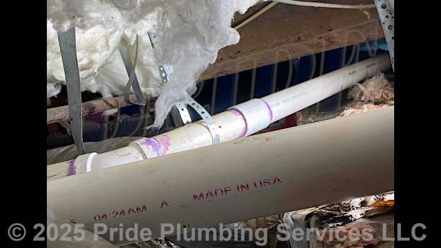 Pride Plumbing came out and performed the following work: 1) repiped and replaced the cast iron drain lines in the basement, going to the fixtures in the kitchen (sink and dishwasher), the washing machine (installing a new washer box), and one bathroom (sink, toilet, and bathtub/shower), with new PVC piping; installing new fittings and supports under the house for each fixture; and 2) trenched a ditch from the town sewer tap to the home to expose and replace the main outside sewer septic drain line with new PVC piping and fittings along with installing proper cleanouts and fittings per code.