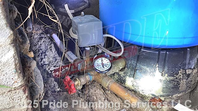 Pride Plumbing was called out for a water leak on a well underneath the home. Our inspection found that the leak was coming from a boiler drain on the tank's tee. We replaced the boiler drain and tank tee along with a short section of the well's outlet piping with new PEX piping and fittings. We also provided a cost estimate to replace the well tank, pressure gauge, and brass nipple.