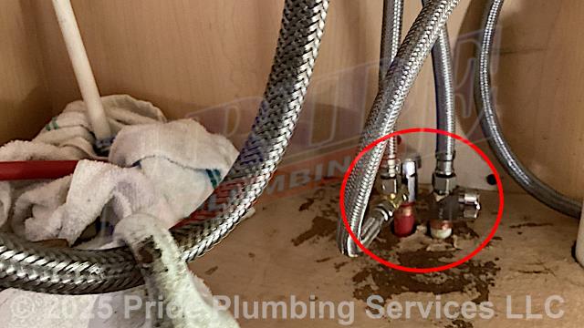 Pride Plumbing was called out for two frozen and leaking water supply stops underneath a kitchen sink. We cut out both hot and cold supply stops and replaced them with new supply stops along with installing a new stop tee and hot and cold braided stainless steel water supply lines. We also provided a cost estimate to either rebuild (by replacing the cartridges) or replace a leaking two handle kitchen sink faucet with either a new customer supplied model, or a new Pride Plumbing supplied Mainline, Olympia, or Delta model. This would include removing the old faucet, mounting the new faucet and replacing its hot and cold above-floor water supply lines underneath the sink with new braided stainless-steel ones along with replacing the hot and cold water stops.