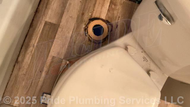 Pride Plumbing was called out for a water leak behind a wall and a Gerber toilet needing to be reset. First, the customer already had the wall opened up and he showed us the pinhole leak in the copper pipe. We cut out the leaking section of pipe (with some of it coming up through the floor) and repaired with new PEX piping and fittings. Next, we pulled the toilet, cleaned and inspected its flange, replaced its wax ring gasket (with a new Mainline ML11580 model), reset the toilet, replaced its toilet bowl bolts and caps and the toilet tank's above-floor braided stainless steel water supply line. We tested for leaks and proper operation with no issues.