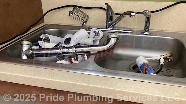 Pride Plumbing came out to remove all the plumbing underneath a kitchen sink in a breakroom. We removed the sink, countertops, cabinets, a Bosch dishwasher, a coffee maker's braided stainless-steel water supply line, and a refrigerator's copper water supply line.