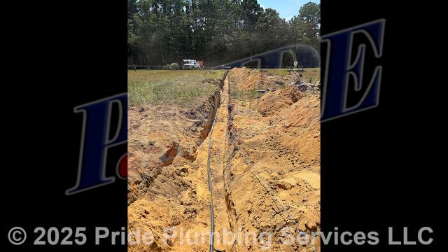 Pride Plumbing came out and: 1) installed a new 1-inch black roll and PEX outside main water supply line from the water meter to the house along with installing tracer wire in a ditch that had already been dug by the customer; 2) connected the new water line to an existing water line connection under the house and installed a ball valve main water cut off in the crawlspace; 3) installed a new pressure reducing valve (PRV), ball water shutoff valve, and check valve at the water meter in the meter box; 4) tested the new water line for leaks and working order; and 5) backfilled and tamped the ditch after the work was completed and approved by Moore County’s Inspection Department.
