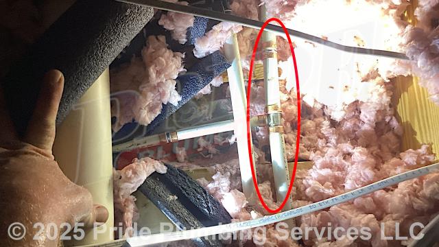 Pride Plumbing was called out for a water leak in a ceiling. After gaining access into the ceiling, our inspection found a leak on a PEX water supply line tee. We cut out the leaking tee and a short section of PEX pipe and replaced them with new PEX piping and fittings.