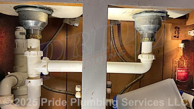 Pride Plumbing was called out for a water leak underneath a kitchen sink. Our inspection found that both of the sink's basket strainers were leaking. We removed and replaced the basket strainers, tested for leaks, and the issues were corrected.