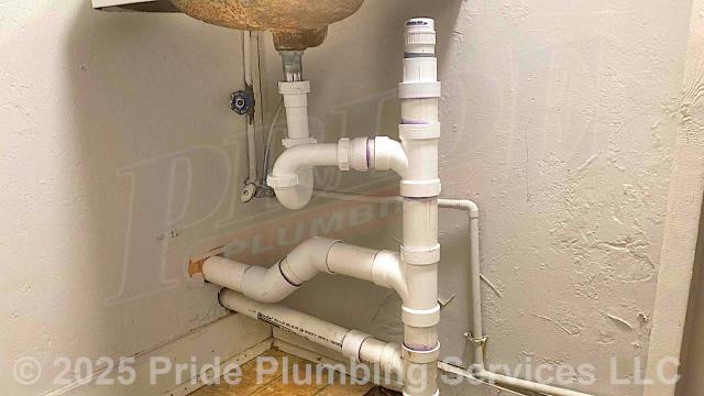 Pride Plumbing came out and performed the following work: 1) raised a three-bay stainless-steel kitchen sink to a height that allowed its drain to gravity-feed into a Liberty 404 residential drain pump; 2) installed the drain pump beside a third stainless-sink and ran its PVC vent pipe up the wall to a seven-foot height; 3) ran a separate PVC drain line (with ball and check valves) through the wall to a bathroom and tied it into the main drain stack; 4) at a utility sink, added a Santee and air admittance valve and ran its drain into the main drain stack; 5) installed a new P-trap, Santee, and air admittance valve on a bathroom sink and connected them to a drain located in the floor; and 6) tested all installations/repairs for leaks and proper working order.