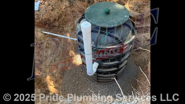 Pride Plumbing came out and performed the following work: 1) dug a new ditch for a new sewer line from the house to a location in the yard; 2) installed new tracer wire, 4-inch PVC piping and fittings, and 2-way cleanouts in the new sewer line ditch; 3) dug a 9'x9' hole at the end of the ditch in the yard, installed a new E/One sewage pump system along with gravel as a base layer; 4) installed 1-yard of concrete around the pump's basin after its tank had been inspected and approved; 5) left the ditch open for an electrical contractor to install the wiring for the new pump; 6) dug another ditch from the new E/One pump system to the town's sewer tap and hooked up to the town sewer tap using pressure pipe and fittings; 7) tested the new pump and drain lines for working order; 8) backfilled the ditches after the work had been inspected and approved; and 9) spread grass seed and straw after the work was completed.