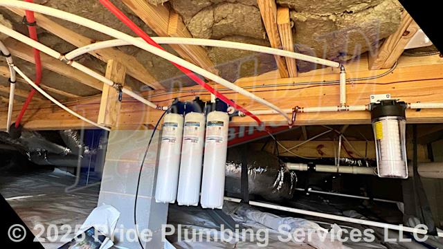 Pride Plumbing came out and installed an Honest Water Filter Company Silver Plus whole-house water filtration system (this included installing the unit's manifold with a Defender pre-filter and two 5-micron filters to remove organics, chlorine and particulates in the water along with the by-pass system, rinse valve and pressure gauge). We mounted the water filter base, ran and connected new PEX piping inlet and outlet water supply lines to the base and the existing water lines underneath the home and added ball water shutoff valves, installed the water filter and its housing, and tested for leaks and proper operation. Once the filtration system was installed, we tested and cleaned any sediment from the fixtures inside and outside the home. https://honestwaterfilter.com/silver-plus-with-defender-system
