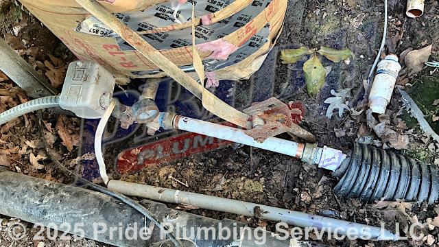 Pride Plumbing was called out for a pinhole water leak on a water supply line at a well tank. Our inspection found that the leak was coming from a PVC fitting on the main water supply line coming from the well. We removed and replaced the broken fitting and repaired the water line with new PVC piping and fittings.
