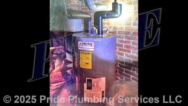 Pride Plumbing came out and replaced a leaking 50-gallon LP gas American lowboy water heater with a new 50-gallon electric Rheem PROE38-S2-RH95-B lowboy model. This included removing and disposing of the old water heater along with its electrical wiring, venting, and gas and water supply lines; installing the new water heater, new ball water shut-off valves, new PEX and stainless steel water supply lines to the water heater's water connections, a new brass drain valve, connecting the unit’s electrical connections (adding a Romex connector), bleeding the air out of the water lines, ensuring that the unit was properly vented, and setting it to its appropriate operating temperature. An electrician came out and connected the unit's wiring to the home's electric main.
