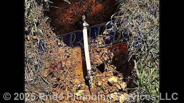 Pride Plumbing was called out for a water leak in the yard. We dug down and found a leak on a section of the black roll outside main water supply line. We cut out the faulty section of pipe and repaired it with new PEX piping and fittings.