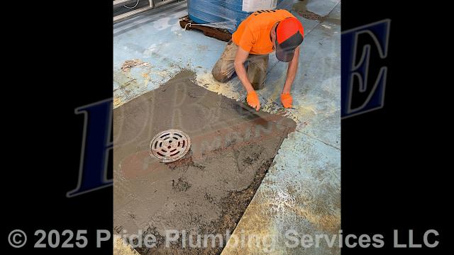 Pride Plumbing came out and performed the following work: 1) cut into and removed a small section of concrete flooring; 2) dug down to the base of the floor drain's P-trap and drain line; 3) removed the old floor drain and P-trap; 4) rebuilt the floor drain and its P-trap with new PVC piping and fittings up to the floor height (connecting onto the existing drain line using a new Fernco coupling); and 5) replaced the dirt and concrete we took out.