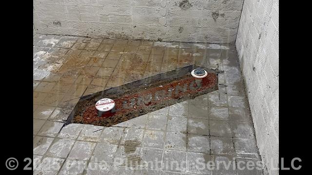 Pride Plumbing came out and performed the following work: 1) cut into and removed a small section of a shower's concrete flooring; dug down to the base of the shower drain's P-trap and drain line; removed the old shower drain and P-trap; rebuilt the shower drain and its P-trap with new PVC piping and fittings up to the floor height (connecting onto the existing drain line using a new Fernco coupling); and replaced the dirt and concrete we took out; and 2) replaced a leaking single-handle walk-in shower faucet valve with a new Delta single-handle model with chrome trim (shower head, faucet valve handle and cover, and drain cover) (this included cutting an access in the shower wall and replacing the valve along with short sections of its hot- and cold-water supply lines with new PEX piping and fittings).