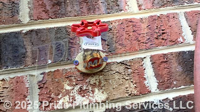 Pride Plumbing came out and replaced three leaking outside hose bib spigots with two new Prier red-handle models and one Nibco quarter-turn model along with tying them into the existing main water supply line underneath the home with new PEX piping and fittings. Once done, we insulated the pipes going to them. We also flushed the customer's electric Bradford White water heater. We provided a cost estimate to replace the pressure reducing valve (PRV) at the water meter (attaching it to the existing black roll outside main water supply line with new PEX piping and fittings and adding a ball water shutoff valve) due to high water pressure in the home (75+ PSI).