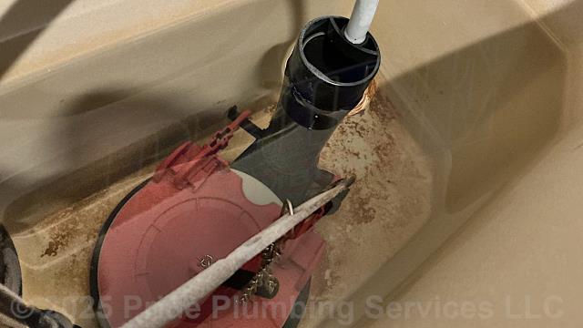 Biscoe, NC - Pride Plumbing was called out for a toilet tank that would run constantly and not fill. Our inspection found that the toilet tank's flapper was deteriorated and would not seal off the tank which caused it to run constantly. We replaced the toilet tank's flapper with a new 3-inch red universal model and tested for leaks and proper operation with no issues. We also made an adjustment to the tank's water fill valve. We provided a cost estimate to replace the toilet with a new Gerber Viper model. This would include draining and pulling the old toilet, inspecting/cleaning/replacing the flange, replacing the toilet bowl, toilet tank, flapper, water fill valve, tank to bowl gasket and bolts, seat, wax ring gasket, toilet bowl bolts, toilet bowl bolt washers, toilet bowl bolt caps, and above-floor stainless steel braided water supply line. Biscoe, NC - Pride Plumbing was called out for a toilet tank that would run constantly and not fill. Our inspection found that the toilet tank's flapper was deteriorated and would not seal off the tank which caused it to run constantly. We replaced the toilet tank's flapper with a new 3-inch red universal model and tested for leaks and proper operation with no issues. We also made an adjustment to the tank's water fill valve. We provided a cost estimate to replace the toilet with a new Gerber Viper model. This would include draining and pulling the old toilet, inspecting/cleaning/replacing the flange, replacing the toilet bowl, toilet tank, flapper, water fill valve, tank to bowl gasket and bolts, seat, wax ring gasket, toilet bowl bolts, toilet bowl bolt washers, toilet bowl bolt caps, and above-floor stainless steel braided water supply line.