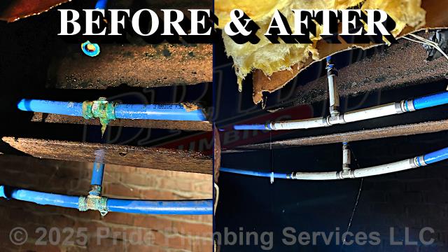 West End, NC - Pride Plumbing was called out for a water leak underneath the home. Our inspection found that the leak was being caused by a PEX tee that had broken off due to corrosion. We cut out and replaced both hot and cold water line tees (since they were in similar condition) with new PEX piping and fittings. We tested for leaks with no further issues. We also provided a cost estimate to repipe and replace the water supply lines under the building in the crawlspace, going to the fixtures in the kitchen (sink faucet, dishwasher, and ice maker), one bathroom (sink, toilet, and bathtub/shower), the washing machine (installing a new plastic washer box and hot and cold hose bibs or boiler drains), and the water heater, with new PEX piping and fittings (installing new 1/4 turn water shut-off valves on each fixture inside the building along with new above-floor stainless steel braided water supply lines). West End, NC - Pride Plumbing was called out for a water leak underneath the home. Our inspection found that the leak was being caused by a PEX tee that had broken off due to corrosion. We cut out and replaced both hot and cold water line tees (since they were in similar condition) with new PEX piping and fittings. We tested for leaks with no further issues. We also provided a cost estimate to repipe and replace the water supply lines under the building in the crawlspace, going to the fixtures in the kitchen (sink faucet, dishwasher, and ice maker), one bathroom (sink, toilet, and bathtub/shower), the washing machine (installing a new plastic washer box and hot and cold hose bibs or boiler drains), and the water heater, with new PEX piping and fittings (installing new 1/4 turn water shut-off valves on each fixture inside the building along with new above-floor stainless steel braided water supply lines).