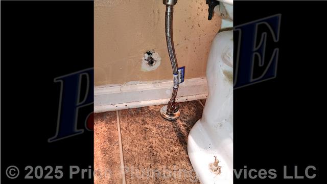 Pride Plumbing was called out for a leaking toilet tank water supply stop. After shutting off the water, we replaced the water supply stop (drilling a hole through the floor and connecting it to the tank's existing copper water supply line underneath the home with new PEX piping and fittings and adding a new chrome escutcheon) along with the tank's above-floor braided stainless steel water supply line. We then replaced the toilet tank's water fill valve with a new Fluidmaster PRO45B valve due to the toilet tank running constantly and not filling. We turned the water back on and tested for leaks and proper operation with no issues. We also provided a cost estimate to replace a faulty pressure reducing valve (PRV) at the water meter (attaching it to the existing black roll outside main water supply line with new PEX piping and fittings and adding a ball water shutoff valve) due to high water pressure in the home (90+ PSI).