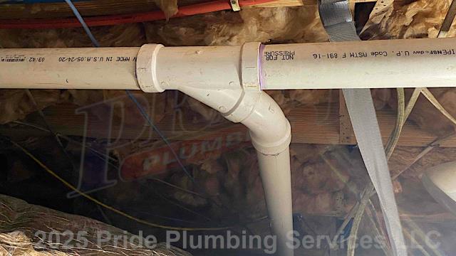 Pride Plumbing came out and performed the following work: 1) drilled down through the floor and into the crawlspace and installed new PEX water and PVC drain lines for a sink; 2) ran a new PEX water line from the new sink area over to an existing water line underneath the building and installed a new water supply stop on the water line; 3) connected the new PEX water line to the sink's faucet; 4) installed a new PVC P-trap and drain assembly underneath the sink and down through the floor and made the appropriate drain connections to the sink and underneath the building; 5) tested for leaks on the new water and drain lines; and 6) performed a leak search in the ceiling where a water stain had recently presented itself (we found that someone had spilled water on the floor in an upstairs bathroom and it had leaked downstairs). Pride Plumbing came out and performed the following work: 1) drilled down through the floor and into the crawlspace and installed new PEX water and PVC drain lines for a sink; 2) ran a new PEX water line from the new sink area over to an existing water line underneath the building and installed a new water supply stop on the water line; 3) connected the new PEX water line to the sink's faucet; 4) installed a new PVC P-trap and drain assembly underneath the sink and down through the floor and made the appropriate drain connections to the sink and underneath the building; 5) tested for leaks on the new water and drain lines; and 6) performed a leak search in the ceiling where a water stain had recently presented itself (we found that someone had spilled water on the floor in an upstairs bathroom and it had leaked downstairs).