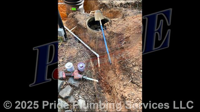 Pride Plumbing came out and replaced a non-working E/One sewage pump. This required us to: 1) call in our septic pump truck and pump out an existing sewer tank; 2) dig up and remove the old E/One sewer pump, tank and control panel; 3) excavate the tank hole and the area around it in order to install a new pump tank and place gravel in the hole; 4) set the new E/One sewer pump into the tank; 5) make the proper drain line and vent connections; 6) install the ball and check valves on the discharge and vent lines respectively; 7) run electrical wiring out of the top of the lid for the electrician to wire the pump into its control panel; and 8) after the unit was properly wired, test it for proper operation. Pride Plumbing came out and replaced a non-working E/One sewage pump. This required us to: 1) call in our septic pump truck and pump out an existing sewer tank; 2) dig up and remove the old E/One sewer pump, tank and control panel; 3) excavate the tank hole and the area around it in order to install a new pump tank and place gravel in the hole; 4) set the new E/One sewer pump into the tank; 5) make the proper drain line and vent connections; 6) install the ball and check valves on the discharge and vent lines respectively; 7) run electrical wiring out of the top of the lid for the electrician to wire the pump into its control panel; and 8) after the unit was properly wired, test it for proper operation.