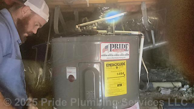 Wadesboro, NC - Pride Plumbing came out and replaced a leaking 38-gallon electric A.O. Smith E640L45DVB 110 lowboy hot water heater with a new 38-gallon electric Rheem PROE38-S2-RH95-B lowboy model. This included removing and disposing of the old water heater; installing the new water heater, new ball water shut-off valves, new PEX and stainless steel water supply lines to the water heater connectors, a brass drain valve, bleeding the air out of the water lines, ensuring that the unit’s temperature and pressure (T&P) relief valve was properly vented, wiring the water heater's electrical connections (adding a Romex connector), and setting the unit to its appropriate operating temperature. Wadesboro, NC - Pride Plumbing came out and replaced a leaking 38-gallon electric A.O. Smith E640L45DVB 110 lowboy hot water heater with a new 38-gallon electric Rheem PROE38-S2-RH95-B lowboy model. This included removing and disposing of the old water heater; installing the new water heater, new ball water shut-off valves, new PEX and stainless steel water supply lines to the water heater connectors, a brass drain valve, bleeding the air out of the water lines, ensuring that the unit’s temperature and pressure (T&P) relief valve was properly vented, wiring the water heater's electrical connections (adding a Romex connector), and setting the unit to its appropriate operating temperature.