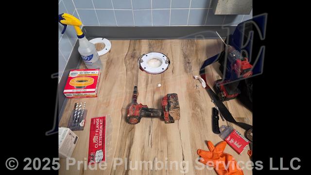 Pride Plumbing was called out to reinstall three commercial toilets (two Crane models and one Eljer model) that had been removed and set aside so that new flooring could be put down. After installing three Jones Stephens C88001 flange extension kits to get the flanges up to the height of the new flooring and installing new wax ring gaskets and toilet bowl bolts, we reset them. Then we reinstalled their toilet bowl bolt caps, used Sloan R1003A rebuild kits and replaced the vacuum breakers in all three toilets' Sloan flush valves, and replaced the closet spud in one of them. We turned the water back on and tested for leaks and proper operation with no issues. While we were there, we reconnected the water supply and drain lines to a utility sink.