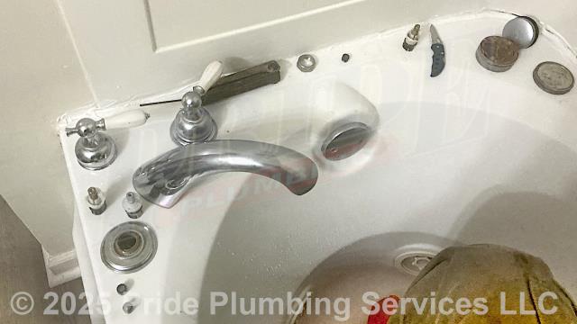 Pride Plumbing was called out for a leaking Delta two-handle faucet on a soaker tub. We disassembled the faucet and replaced its seat, springs, and cartridges. We then tested for leaks with no further issues. We provided a cost estimate to replace the faucet with either a new Delta, Olympia, or Peerless model (this would include removing the old faucet, mounting the new faucet, and replacing the hot and cold water shut-off valves and above-floor braided stainless steel water supply lines).