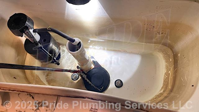 Pride Plumbing was called out for a leaking ice maker water supply line and three toilet tanks (two American Standard and one Kohler) that would run constantly and not fill. First, we simply tightened the packing nut on the ice maker supply line and stopped the link. Next, we replaced two 2-inch flappers (with new Lavelle 54BP black Korky models) and one Kohler yellow flush seal disk. We tested for leaks and proper operation of the toilets with no issues. We provided cost estimates to replace the ice maker water supply line and to replace all three toilets with new Gerber Viper models.