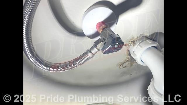 Pride Plumbing was called out for a water leak underneath a bathroom sink. Our inspection found that the leak was coming from a defective water supply stop. We cut out and replaced the supply stop, a short section of its water supply line coming in through the wall with new PEX piping and fittings and tested for leaks with no issues.