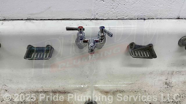 Pride Plumbing came out and performed the following work: 1) replaced six boiler drain spigots on a service sink with six new Chicago Faucets 305-CP chrome models and T&S mounting kits; and 2) replaced a P-trap and its flange tailpieces along with the water supply stops and stainless-steel water supply lines underneath the sink.