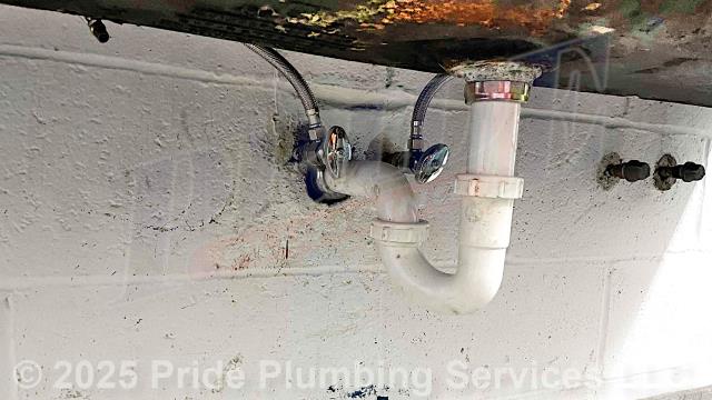 Pride Plumbing came out and performed the following work: 1) replaced six boiler drain spigots on a service sink with six new Chicago Faucets 305-CP chrome models and T&S mounting kits; and 2) replaced a P-trap and its flange tailpieces along with the water supply stops and stainless-steel water supply lines underneath the sink.