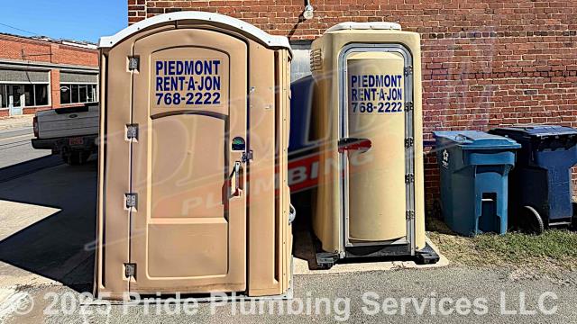 Pride Plumbing came out and delivered one Piedmont Rent-A-Jon handicap accessible port-a-jon and three event jons. We emptied, cleaned, and restocked them with toilet paper each week they were in use. (https://piedmontrentajon.us)