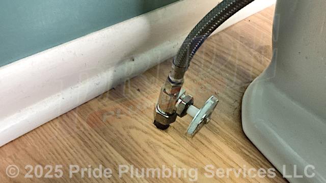 Pride Plumbing was called out for a leaking American Standard toilet tank water supply stop. After shutting off the water, we replaced the water supply stop (connecting it to the tank's existing copper water supply line coming up through the floor with new PEX piping and fittings). We then turned the water back on and tested for leaks and proper operation with no issues.