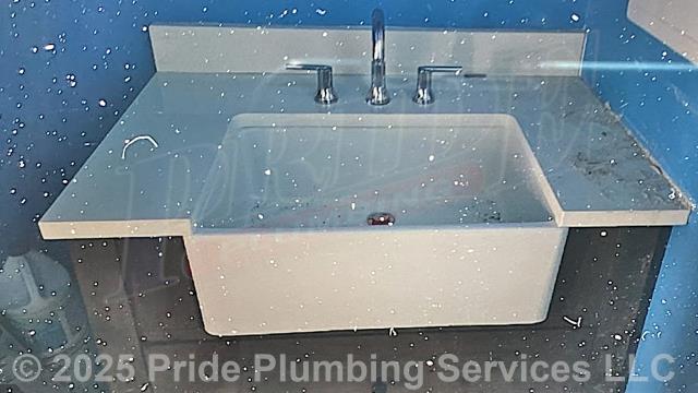 Pride Plumbing came out to install a vanity two-handle widespread faucet and popup assembly. First, we removed the farm sink from the vanity and installed the new widespread faucet, connecting its hot and cold water supply lines to their water supply stops and the faucet. Next, after the faucet was installed, we set the sink back in place and installed a new popup assembly and P-trap. Finally, we tested for leaks and proper operation of the fixture and cleaned the work area.