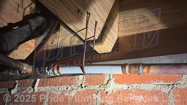 Pride Plumbing came out and removed a water supply shutoff gate valve in the crawl space and reconnected the two sections of copper water supply line with new PEX piping and fittings. We also provided cost estimates to 1) trench a ditch from the water meter to the home and replace the black roll main outside water supply line with new black roll and PEX piping and fittings along with installing a new pressure reducing valve (PRV) and ball water shutoff valve at the water meter; and 2) install the hookups for a washing machine (this includes installing PEX hot and cold water supply lines, boiler drains, PVC drain, and ProPlus plastic washer box; tying the water supply and drain lines into their respective water and sewer mains under the home; and insulating the PEX hot and cold water supply lines).