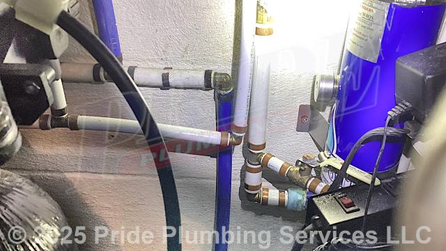 Pride Plumbing was called out for an American Standard toilet bowl leaking at its base and a water leak at a reverse osmosis (RO) water filter system in the basement. For the toilet, after pulling it, we found that its flange was too low in the floor and hadn't been raised when new flooring had been put down. We installed a new BruCo CF300 closet flange extension kit and applied silicone to the spacers. We reset the toilet with new toilet bolts and two new wax ring gaskets and tested for leaks with no further issues. For the water leak, we cut out the leaking section of pipe and repaired it with new PEX piping and fittings.