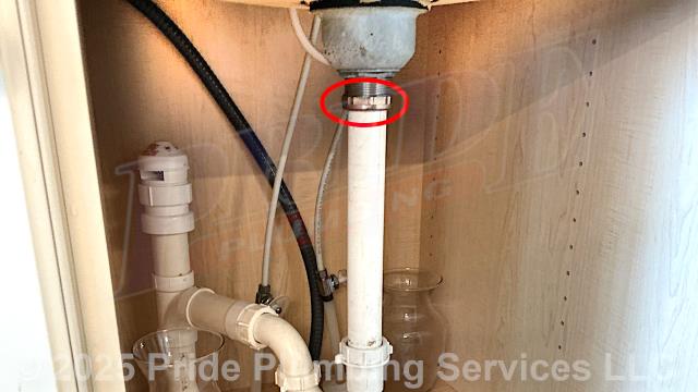Pride Plumbing was called out for a water leak underneath a kitchen sink and to replace the rubber hot and cold hoses going to a GE washing machine. For the sink, our inspection found that it was coming from a broken slip joint nut attached to the basket strainer. We replaced the slip joint nut and flanged tailpiece washer and tested for leaks with no further issues. We then replaced the rubber washing machine hoses with new braided stainless-steel hoses.