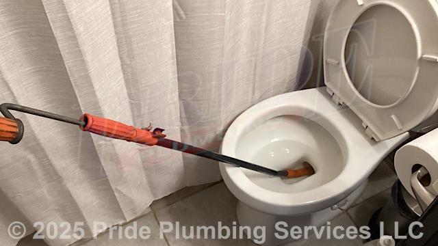 Pride Plumbing was called out for a clogged toilet. We used a closet auger down through the toilet’s flange and cleared the blockage. We flushed the toilet several times with no further issues.