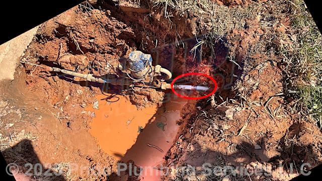 Pride Plumbing was called out for a water leak in the yard at a water meter. We dug down and found the leak on a section of the polybutylene outside main water supply line. We cut out the leaking section of pipe and repaired it with new PEX piping and fittings.