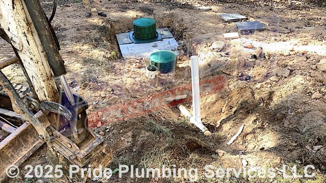 Pride Plumbing came out and performed the following work: 1) arrived on site with a tractor and removed 5 defective septic lids; 2) installed 5 new lids (3 solid and 2 with pop-outs); 3) installed riser adapters, new risers, and lids; 4) used a camera and located a drain line where it came out and joined an older drain line; 5) dug down and cut into the drain line and installed a new two-way cleanout; 6) tested for leaks and proper function; and 7) covered the area we dug up.