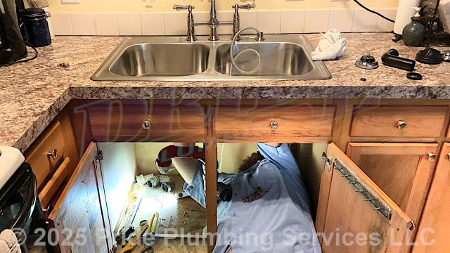 Pride Plumbing came out reinstalled a kitchen sink and faucet with sprayer and reconnected and reinstalled a Kenmore 175 garbage disposal since the countertops were replaced. We cut off the water and reinstalled the sink, P-trap and drain assembly, faucet and sprayer and water supply lines, and garbage disposal that we had previously removed.