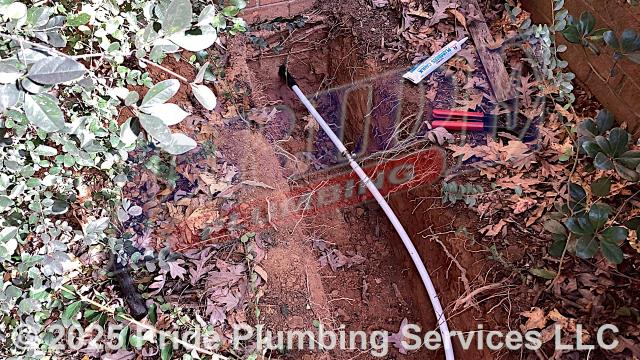 Pride Plumbing came out and: 1) trenched a ditch from an existing water meter to the house to expose and remove the outside main water supply line; 2) installed a new 1-inch black roll and PEX outside main water supply line from the water meter to the house along with installing tracer wire; 3) connected the new water line to an existing water line connection under the house and installed a ball valve main water cut off in the crawlspace; 4) installed a new pressure reducing valve (PRV), ball water shutoff valve, and check valve at the water meter in the meter box; 5) tested the new water line for leaks and working order; and 6) backfilled and tamped the ditch after the work was completed and approved by Stanly County’s Inspection Department.